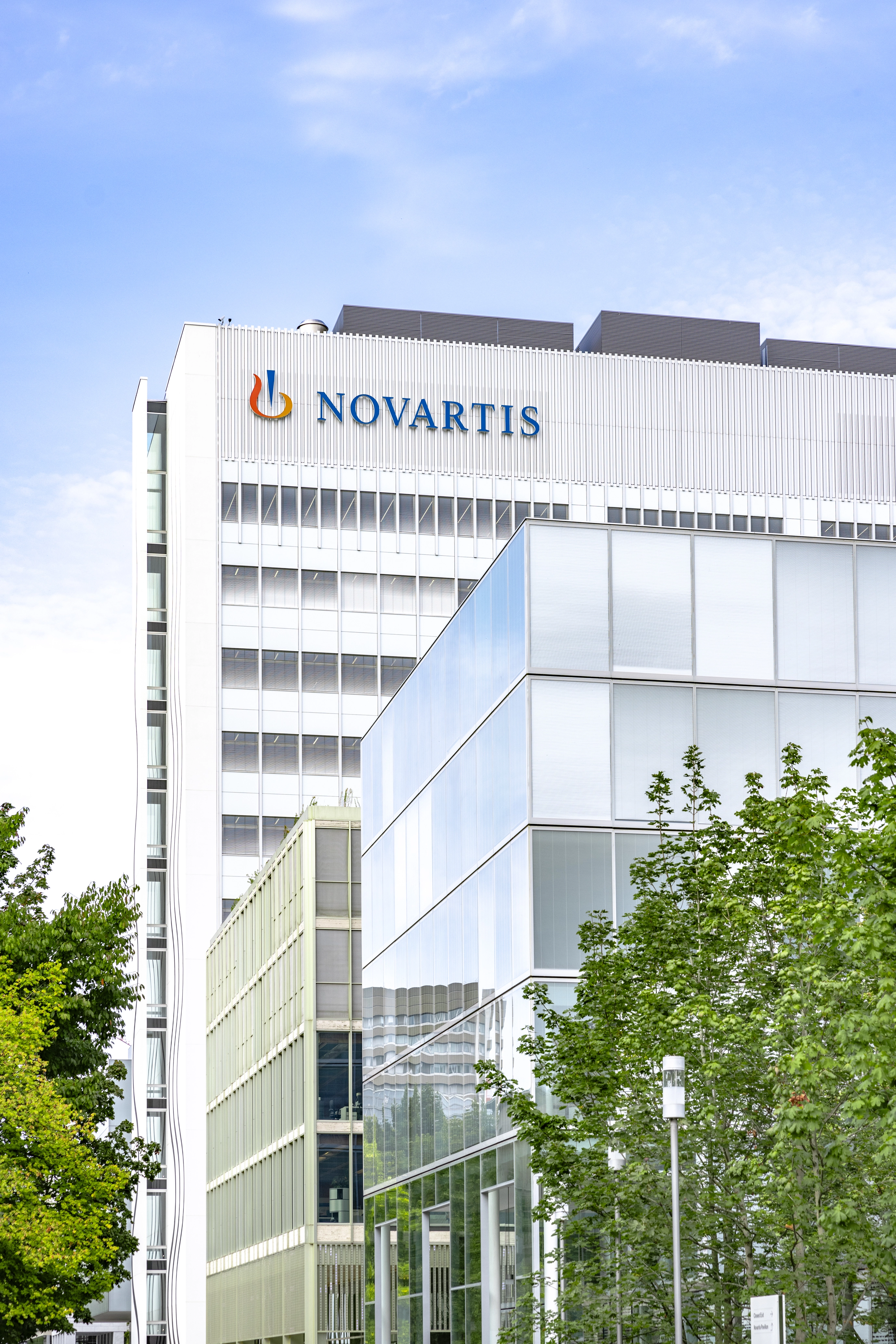 View of the Novartis logo on the Banting 1 building, Novartis Campus Basel (vertical)