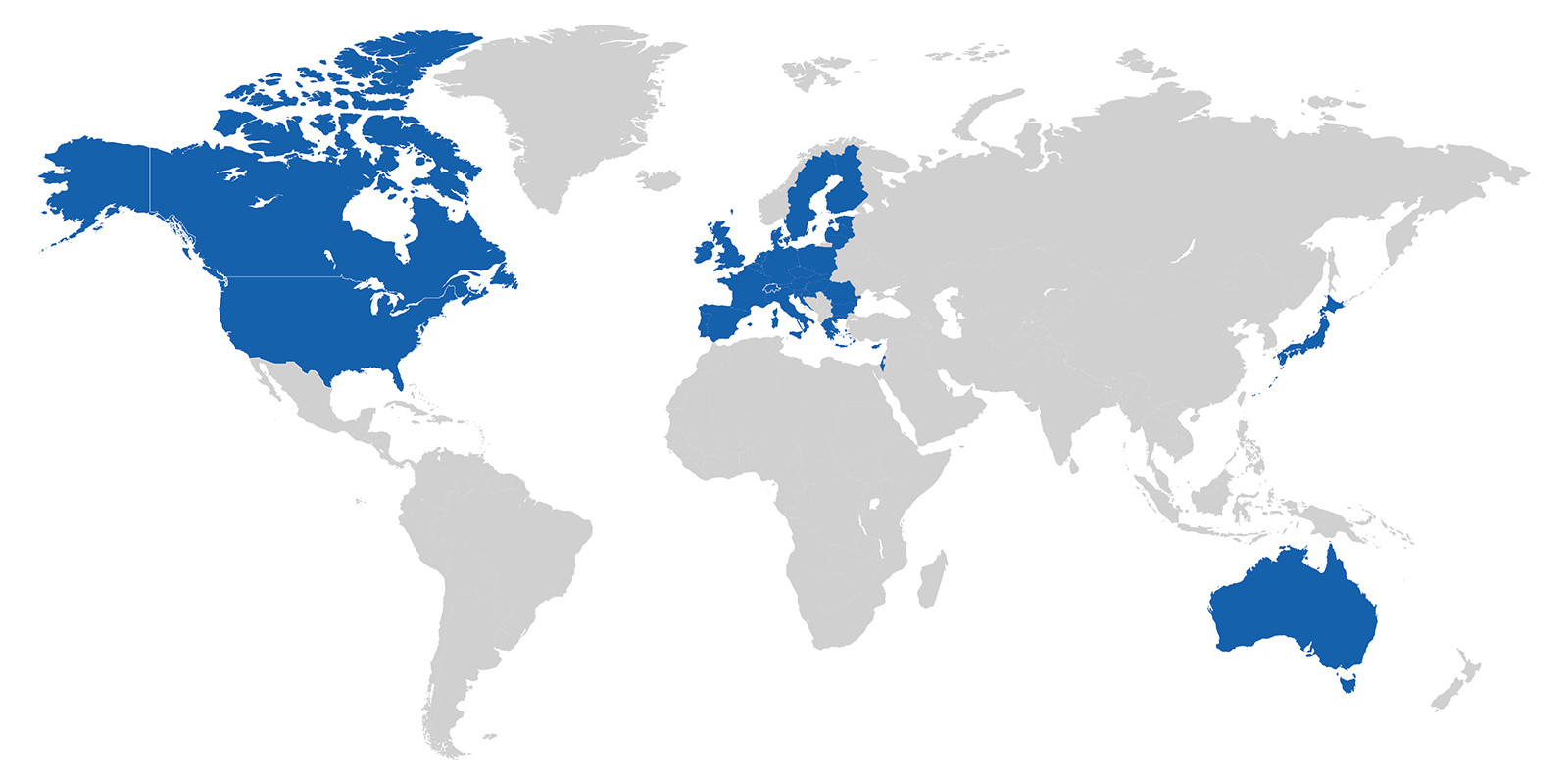 Map graphic with the US, Canada, the EU, Switzerland, Australia, Israel, and Japan shaded