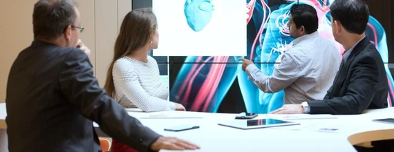 Business people examine a 3-dimensional rendering of a heart on a large screen