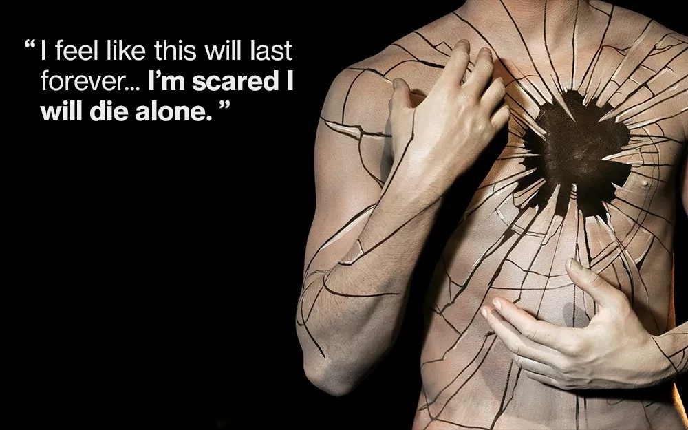 Artistic rendering of broken glass as a metaphor for living with psoriasis, painted on a model's body