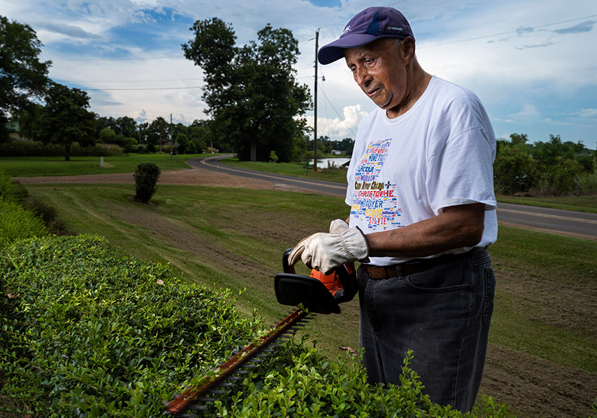 Van is seen cutting his hedge.