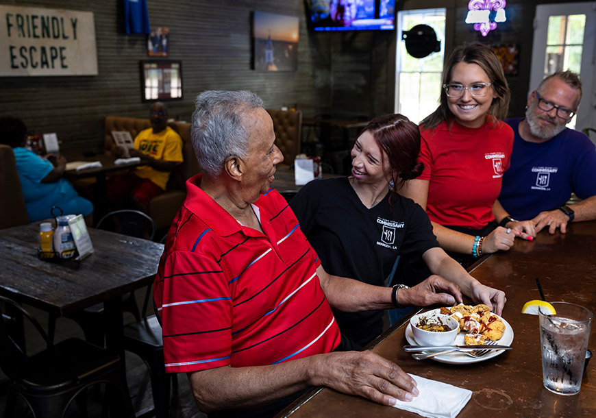 Van enjoys eating at his cousin’s Creole restaurant, where the staff all know him, in Natchez, Louisiana.