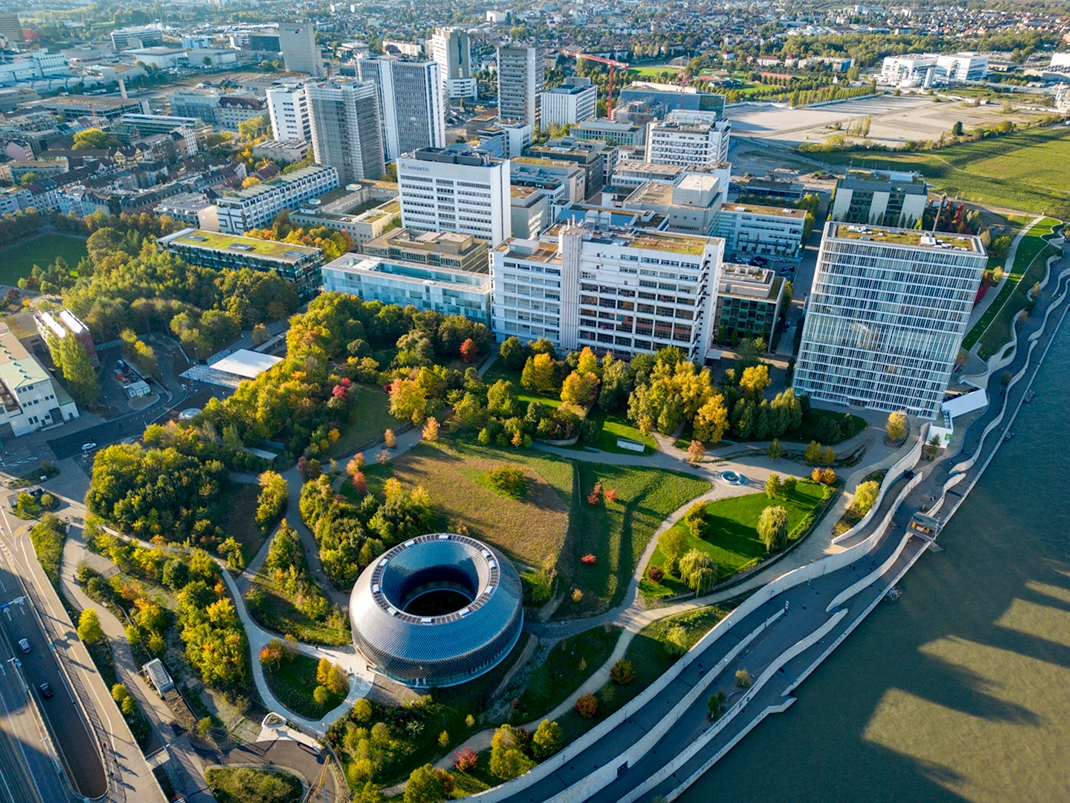 Aerial view of the Novartis Pavilion on the edge of the Basel campus