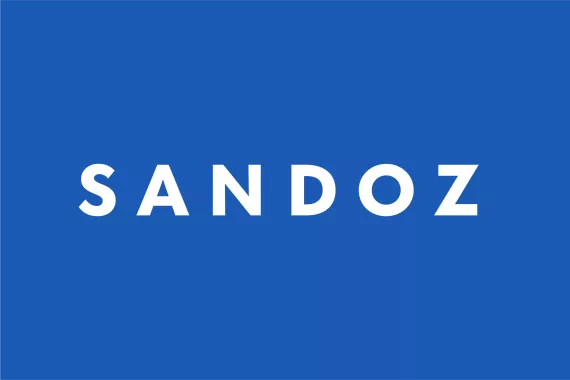 White Sandoz logo on blue background