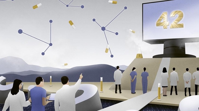 Color illustration showing several scientists in front of a large-scale computer highlighting the number 42