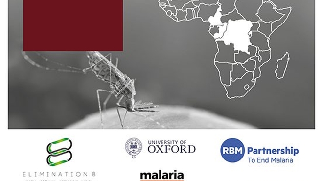 Below the map of Africa, a mosquito sits on  an arm. At the bottom of the page eight logos are included: Elimination 8, University  of Oxford, RBM Partnership to End Malaria, Malaria Consortium, Malaria No More US, Malaria No More UK, KEMRI Wellcome Trust