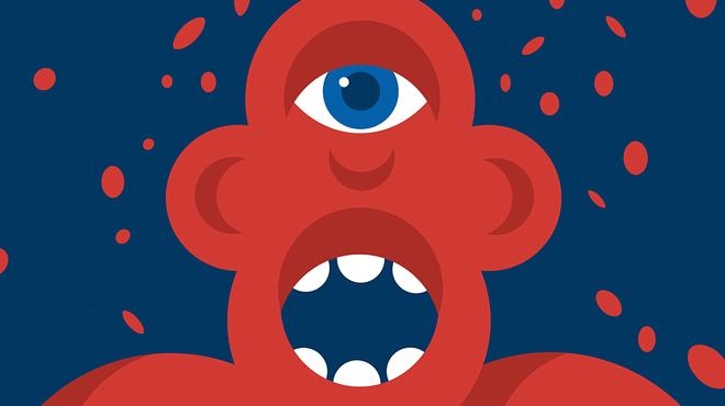 Character depiction of MDS with floating red blood cells all around.