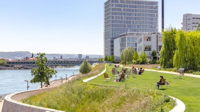 View of Asklepios 8 along the Rhine riverbank, Novartis Campus Basel