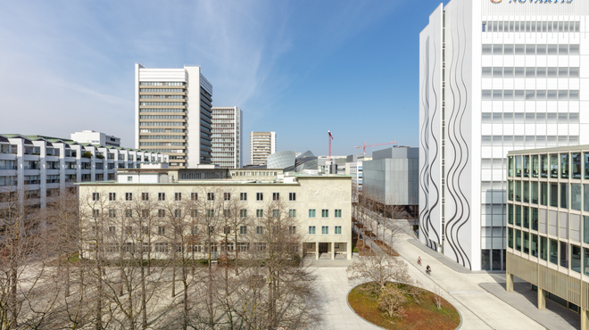 View on Novartis Campus, Forum 1, Banting 1 and Fabrikstrasse