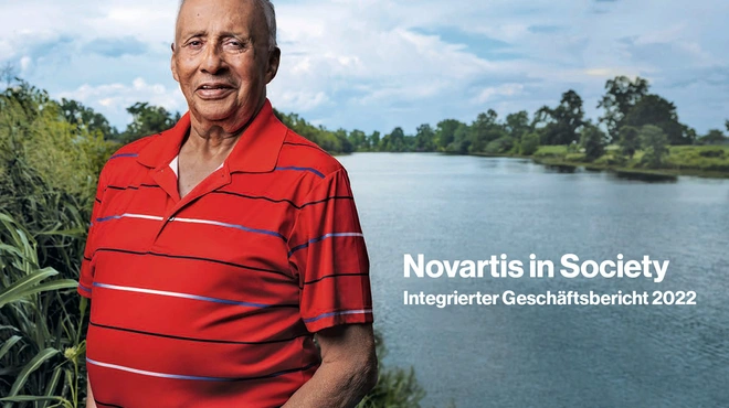 Front cover of the 2022 Novartis in Society Integrated Report, Van Lacour, prostate cancer patient living in Natchez, Louisiana, who received a Novartis radioligand therapy