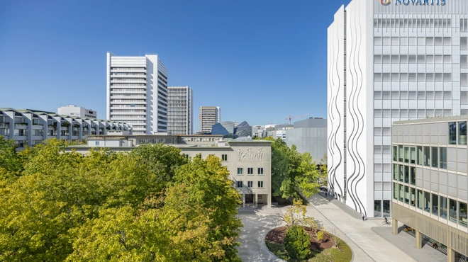 View of the Novartis logo on the Banting 1 building, Novartis Campus Basel (horizontal)