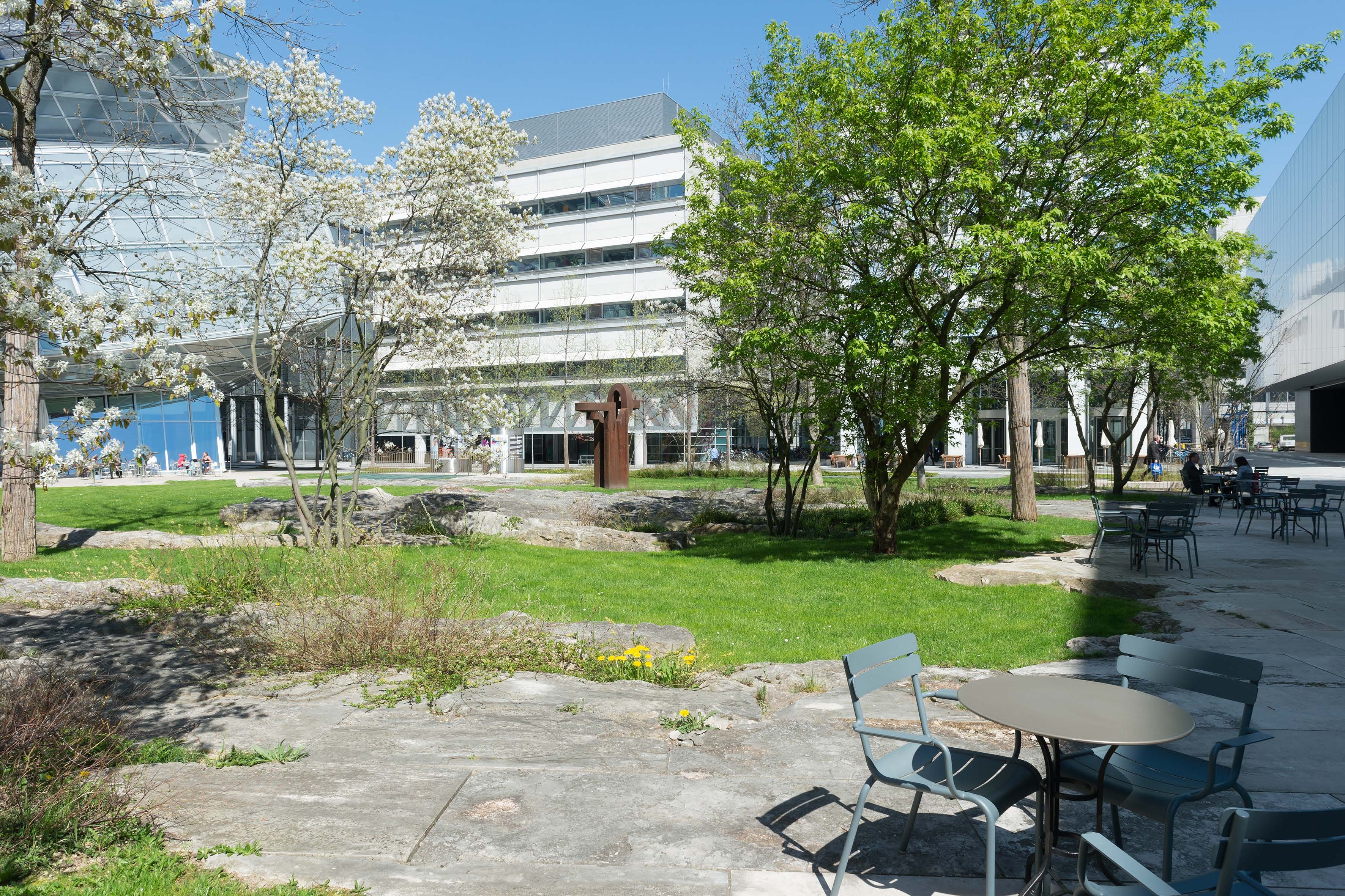 Tables and chairs next to green space