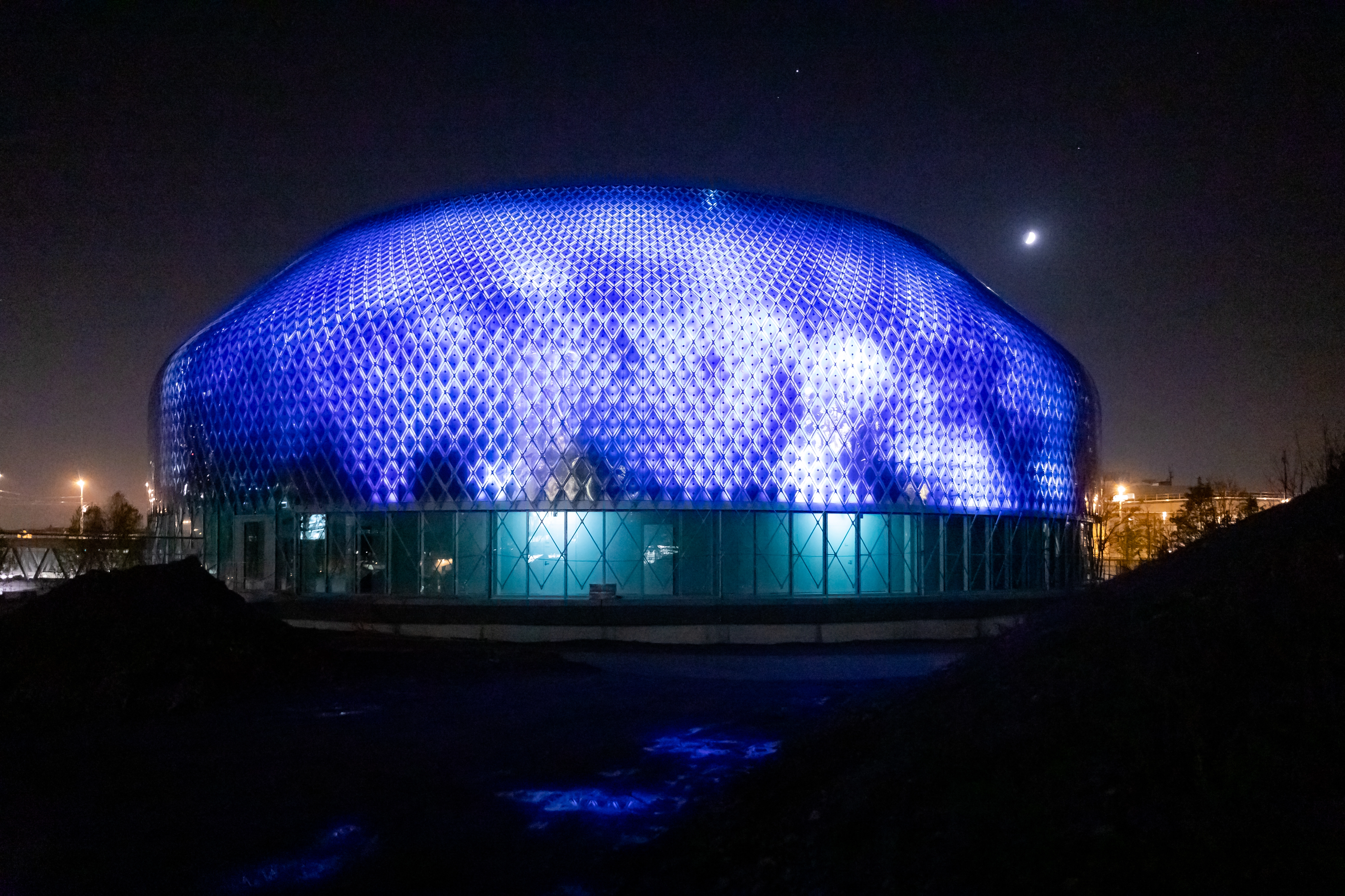 Illumination of zero-energy media facade of the Novartis Pavillon.