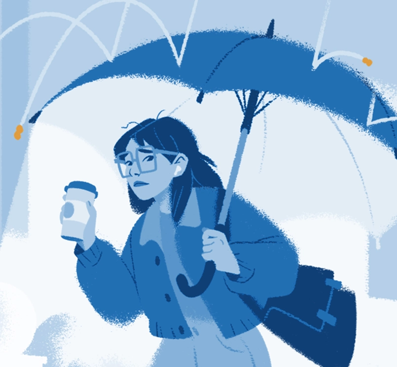 Young woman with peanut allergy walking quickly in a rain of peanuts under an umbrella