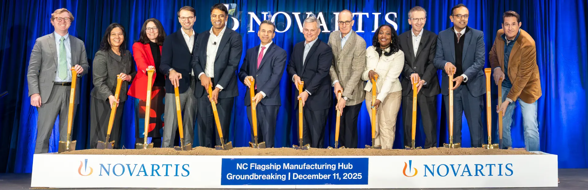Novartis CEO Vas Narasimhan along with North Carolina Governor Josh Stein, US Food and Drug Commissioner, Dr. Marty Makary, and members of the Novartis team at the North Carolina groundbreaking of an expanding Novartis manufacturing hub.
