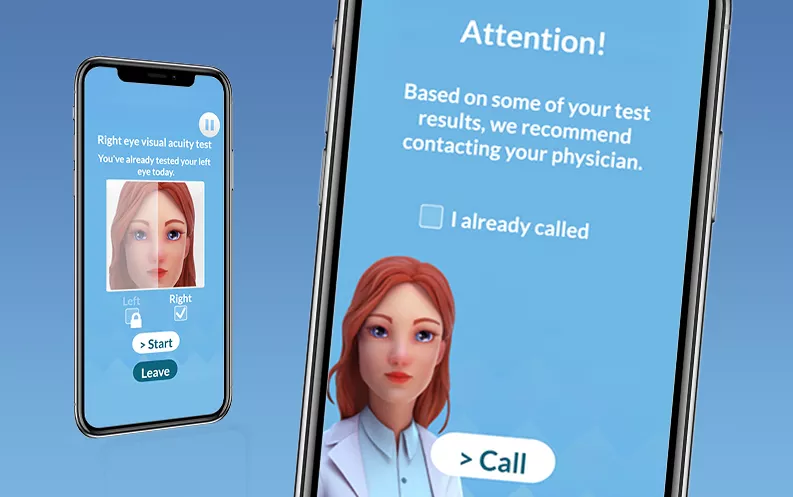 Close up image of mobile phones displaying visual acuity test and alert to contact physician