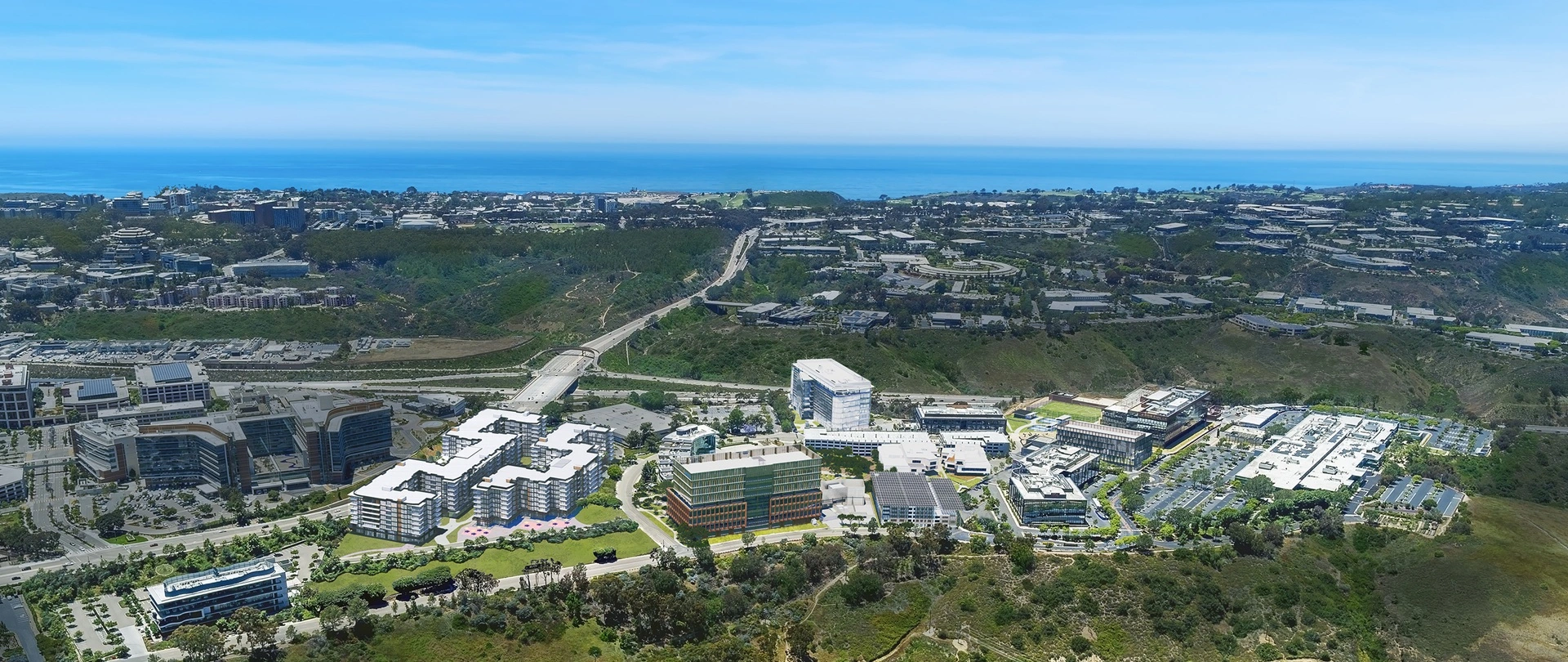 Architectural rendering of the new Novartis Biomedical Research facility showing modern glass and terracotta building design with green terraces and pedestrian walkways