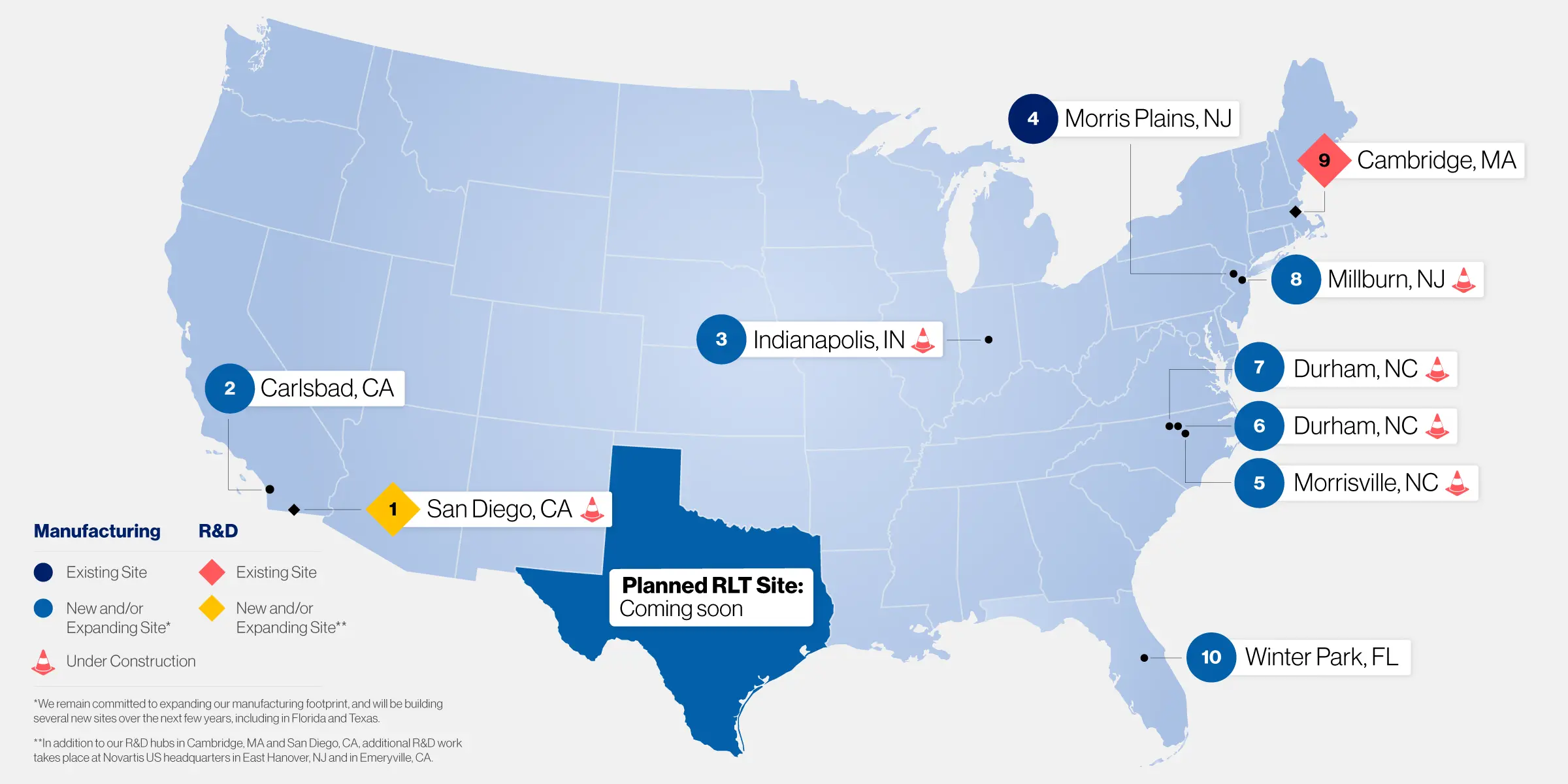 map of Novartis manufacturing plants and r&d sites across America