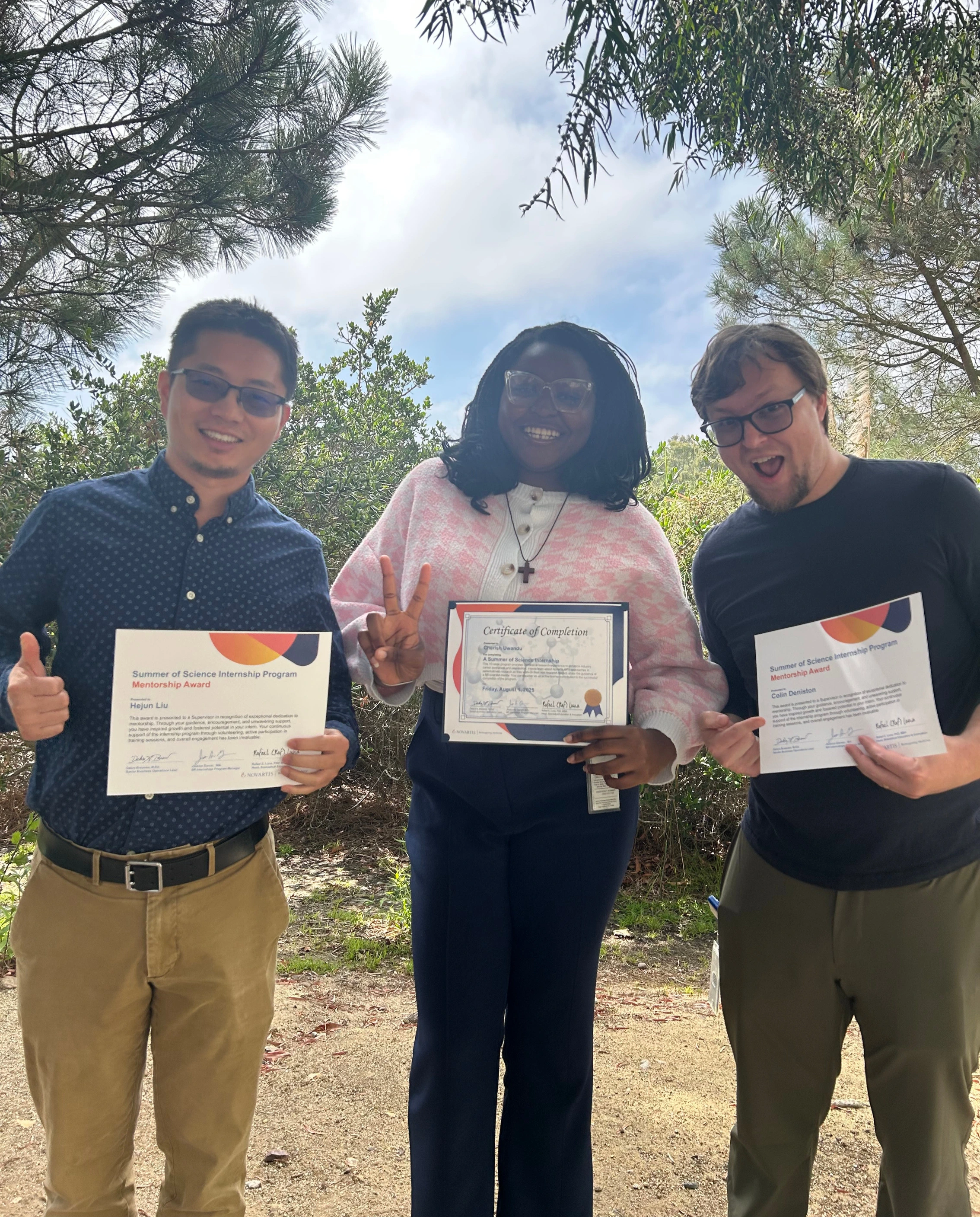 Colin with Cherish Uwandu, a 2025 Summer of Science Intern, and Hejun Liu, Principal Scientist II, celebrating the completion of Summer of Science 2025.