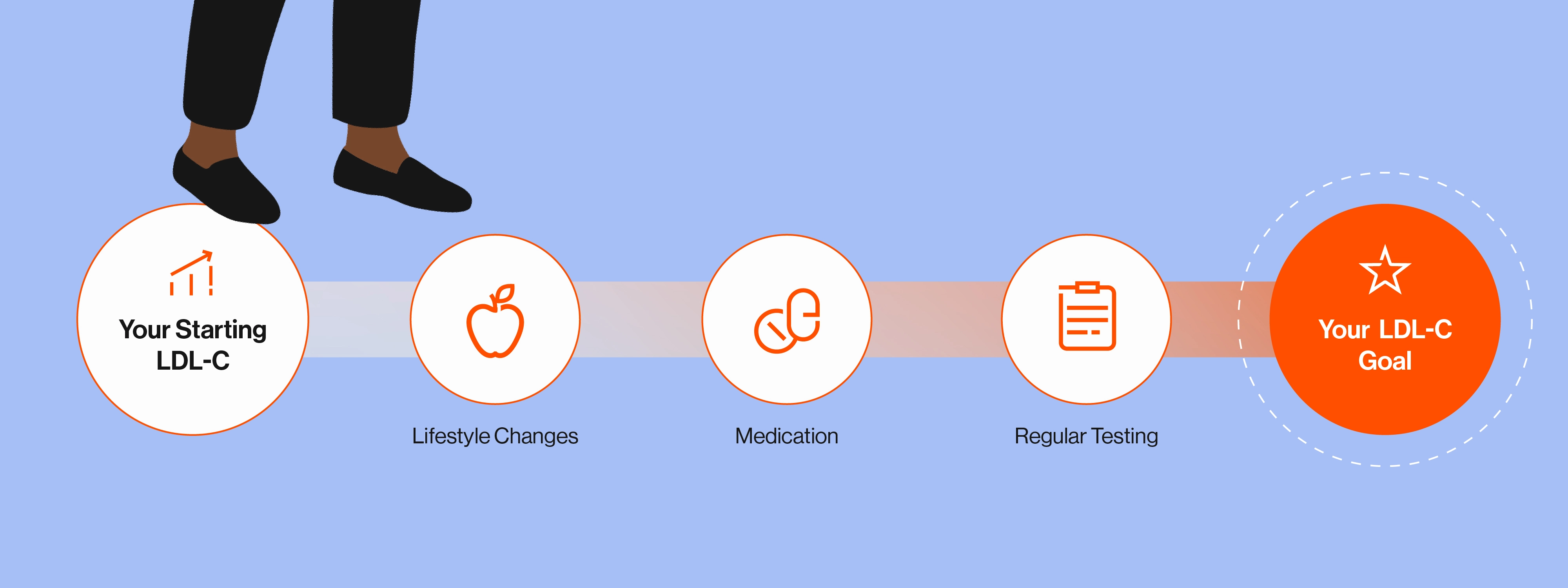 Illustration shows a pair of feet walking along a path from “Your Starting LDL-C" to “Your LDL-C Goal” with “Lifestyle Changes,” “Medication,” and “Regular Testing” as points on the path.