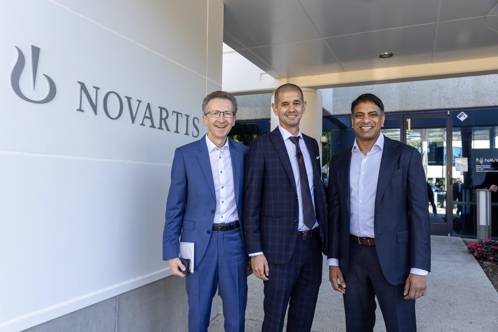 Novartis President, Operations Steffen Lang, Carlsbad Site Head Dominic Ramirez-Lopez, CEO Vas Narasimhan (left to right) at the site opening.