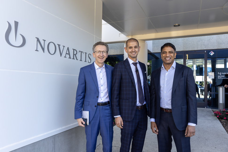 Novartis President, Operations Steffen Lang, Carlsbad Site Head Dominic Ramirez-Lopez, CEO Vas Narasimhan (left to right) at the site opening.