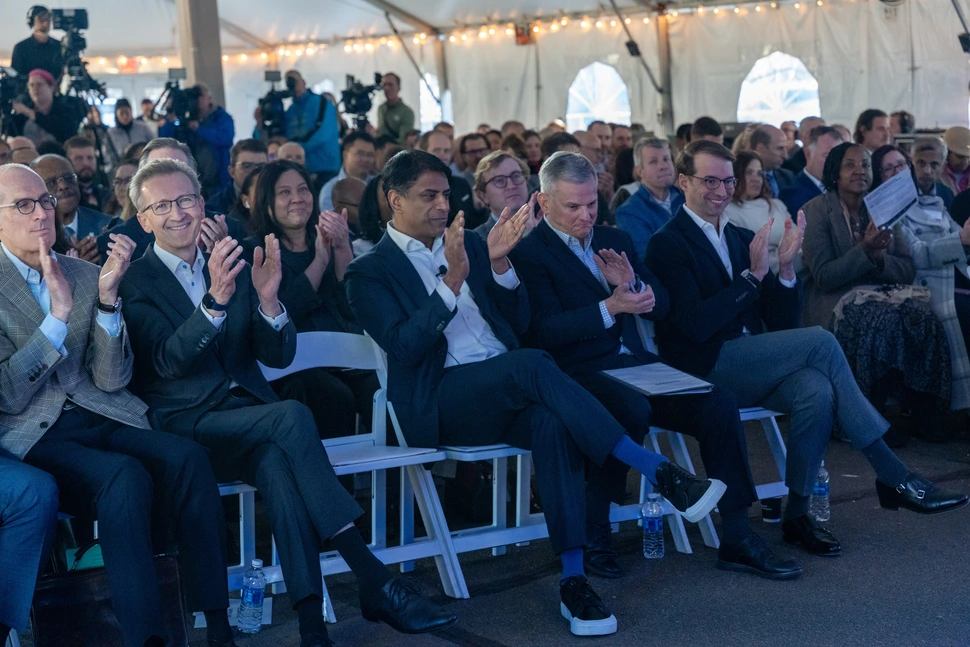 Novartis CEO, Vas Narasimhan, and attendees at the groundbreaking of a North Carolina manufacturing site