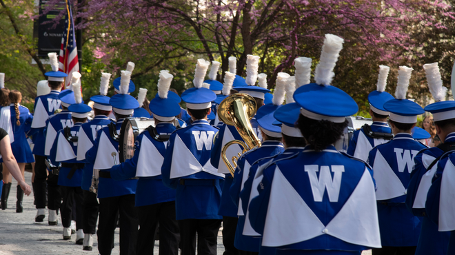 A marching band marching down the street