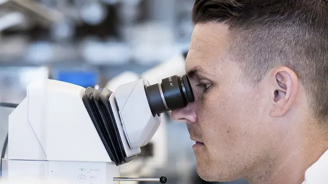Man looking into a microscope