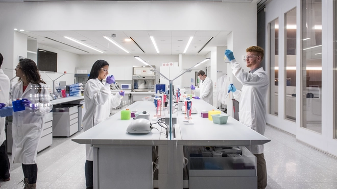 Scientists working in a lab, featured in a story about the future of treating autoimmune disease and the work that Novartis is doing to support it.