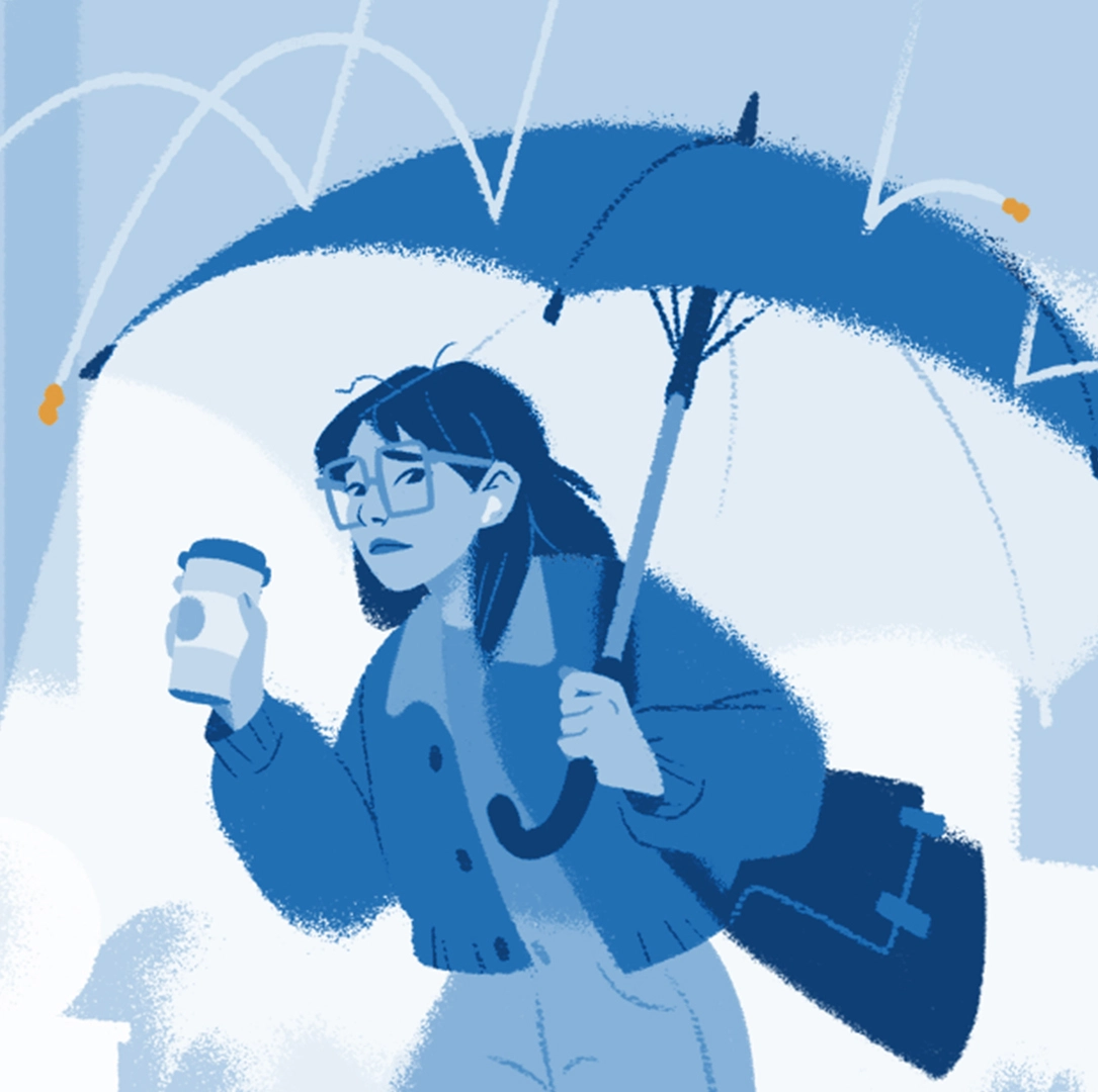 Young woman with peanut allergy walking quickly in a rain of peanuts under an umbrella